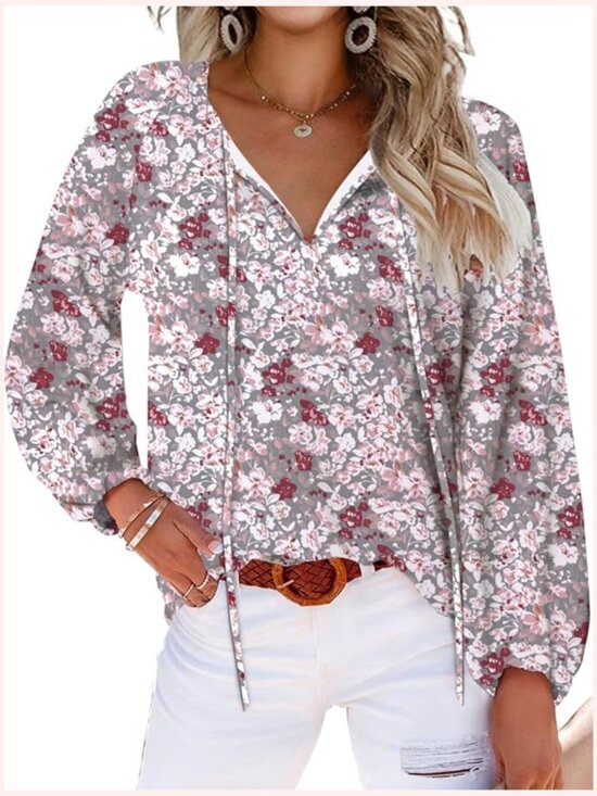 Tops - Floral Print V Neck Ruffle Short Sleeve Summer Blouse Loose Fit